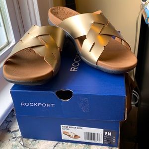 NIB ROCKPORT Ridge Woven Slide Metallic Gold Color Size 9 M